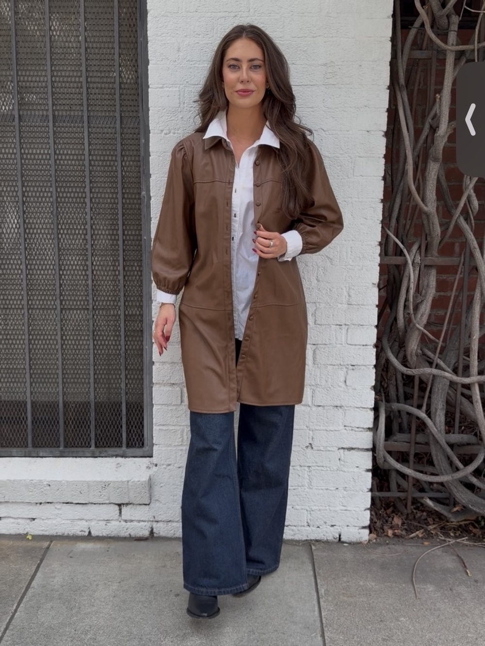 7 For All Mankind brown faux leather balloon sleeve button up front coat M
